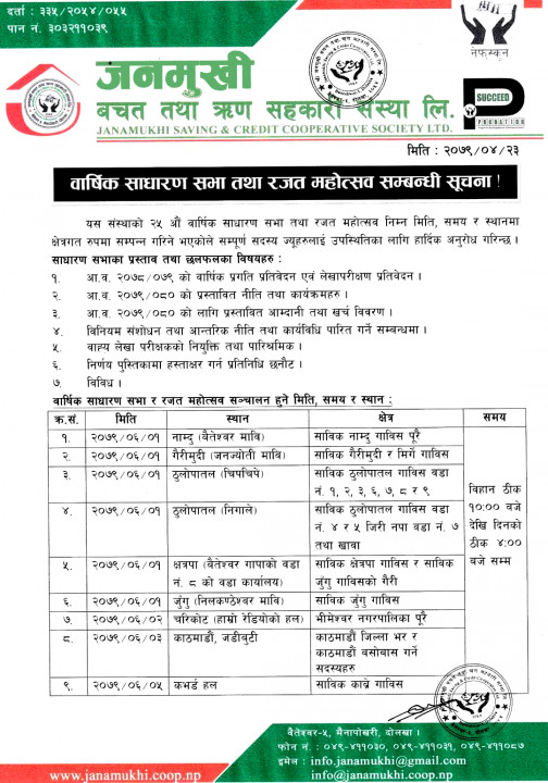 जनमुखी साकाेसकाे वार्षिक साधारणसभा तथा रजत महाेत्सव सम्बन्धी सूचना