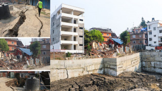 नियम बिपरीत एपार्टमेण्ट बनाउन जग खन्दा जमिन   चर्कियाे, वरपरका घरमा समेत  पुग्यो क्षति