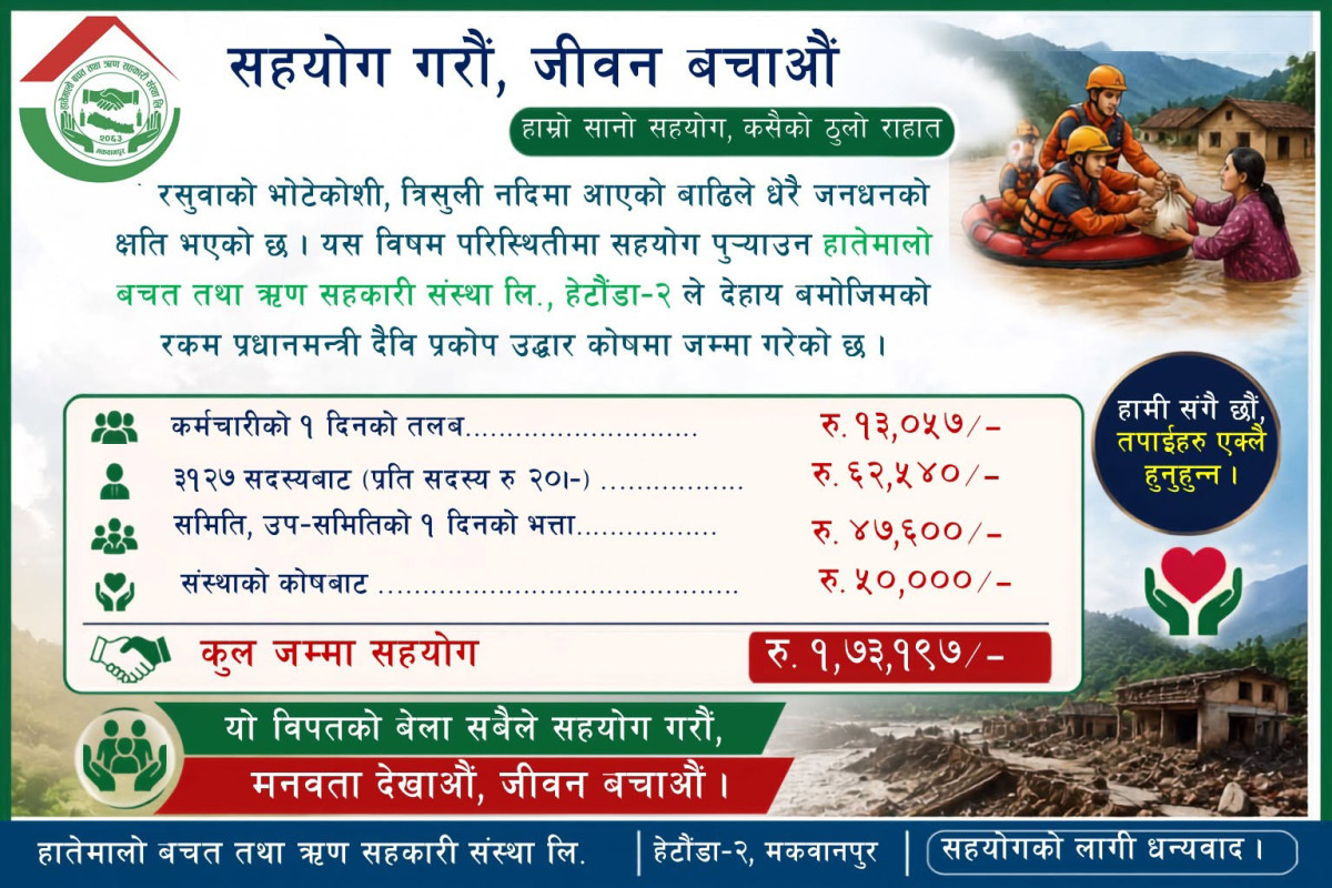 हातेमालो साकोसले विपद् राहत काेषमा दियाे १ लाख ७३ हजार रकम